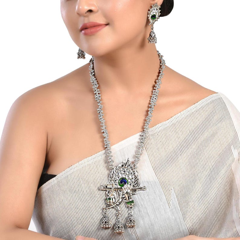 Oxidized Peacock Feather Ghungroo Jewelry Set: Indian Necklace & Earrings image 1