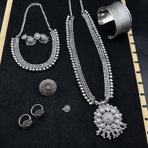 Indian ethnic Jewelry combos Silver oxidised Jewelry combo Set of 7, German Silver Long Necklace Set with jhumka, navratri necklace set