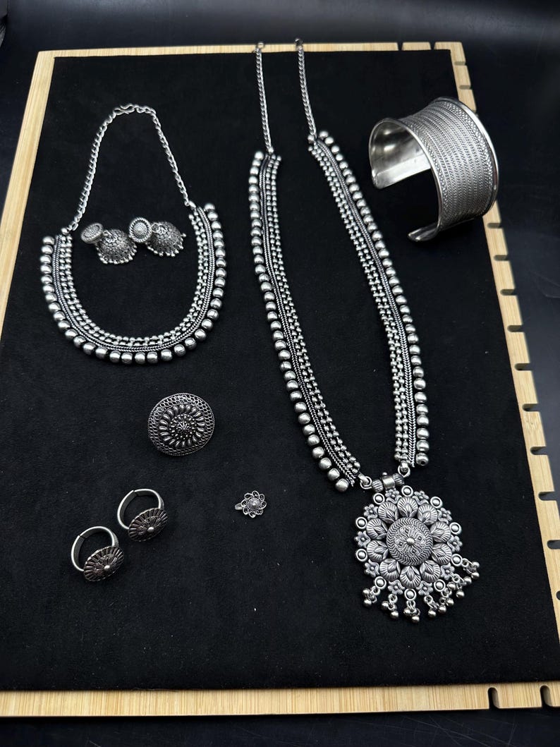 Indian ethnic Jewelry combos Silver oxidised Jewelry combo Set of 7, German Silver Long Necklace Set with jhumka, navratri necklace set