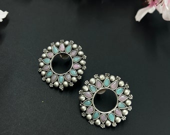 Stone studs Earrings oxidised Indian Silver Plated Ethnic Jewelry Boho Style German Silver Peacock Earrings For Women