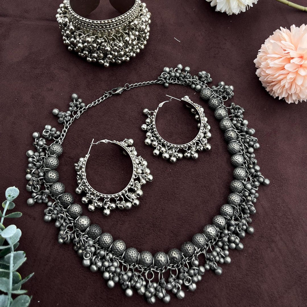 Oxidized Ghungroo Choker Set: Boho Banjara Silver Plated Jewelry