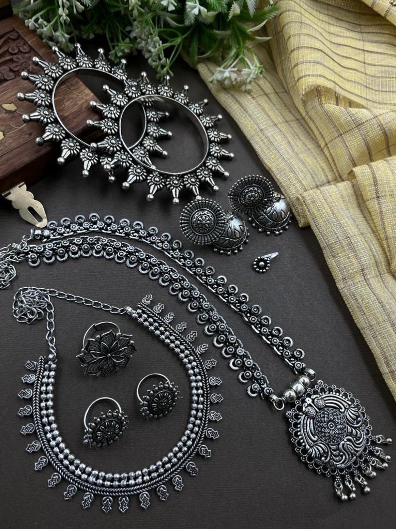 Oxidised German Silver jewellery set of 6 Indian jewelry traditional long necklace temple kemp jewlry oxidized for women ethnic hot selling STYLE 5