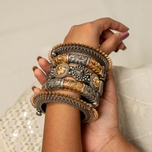 Kada Bangles set Dual tone silver gold plated hand kada bracelet  antique silver look Openable kada broad bracelet ghunghroo Bangle gifts