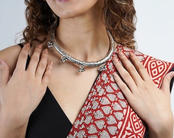 Boho Indian Jewelry Style: Indian Silver Choker Necklace Set with Statement Bib Necklace, Ethnic German Silver Oxidized Choker Jewelry Set