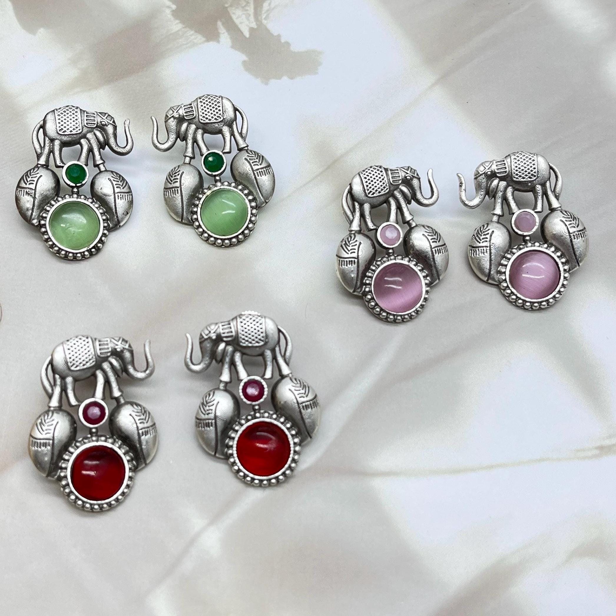 Oxidised stone elephant design earrings , Indian Silver Replica earrings, Animal shape small earrings ethnic jewellery, Casual wear earrings