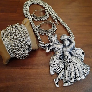 Indian Ethnic Handmade Radha krishna Oxidized German Silver Jewelry Set,Indian Silver Oxidized Jewelry Set, Oxidized Necklace