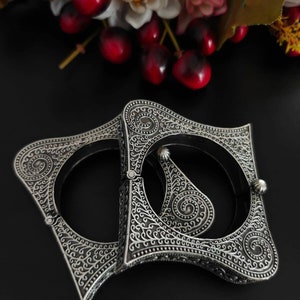 Antique Oxidized Silver Tribal Bangle | Ethnic Square Kada Bracelet for Women | Traditional Indian Cuff | Statement Boho Jewelry