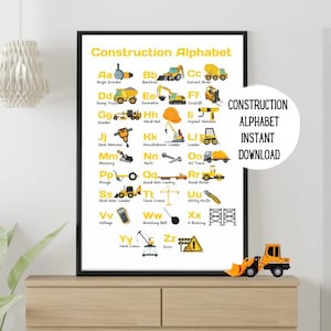May include: A colorful alphabet chart featuring construction vehicles and tools. Each letter of the alphabet is paired with a construction-themed image, such as a backhoe, a cement mixer, a hard hat, and a tower crane. The chart is titled "Construction Alphabet" and includes the text "CONSTRUCTION ALPHABET INSTANT DOWNLOAD".