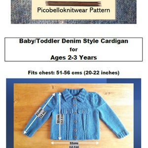 Denim Style Baby-Toddler Cardigan Knitting Pattern for Ages 2-3 Jeans Jacket Fits chest 51-56 cms 20-22 inches image 9