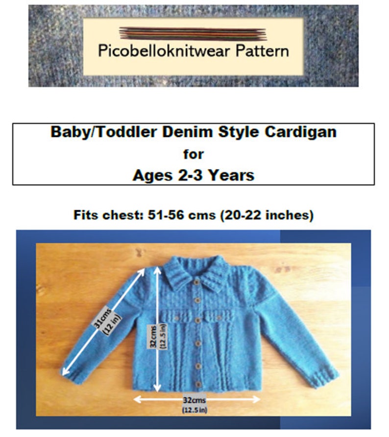 Denim Style Baby-Toddler Cardigan Knitting Pattern for Ages 2-3 Jeans Jacket Fits chest 51-56 cms 20-22 inches image 9