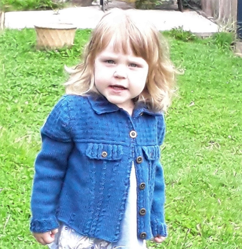 Denim Style Baby-Toddler Cardigan Knitting Pattern for Ages 2-3 Jeans Jacket Fits chest 51-56 cms 20-22 inches image 2