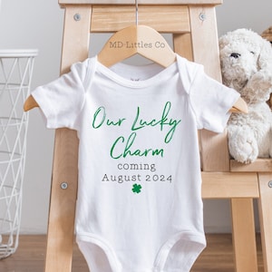 Our Lucky Charm St Patrick's Day Pregnancy Announcement Onesie®, Personalized St Patricks Day Baby Announcement Onesie®, March Baby