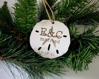 Engaged Personalized Couples Beach Christmas Glass Ornament Personalized with Names and Date written in the sand