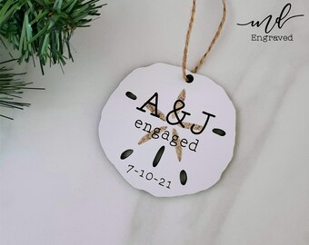 Engaged Personalized Couples Beach Christmas Glass Ornament Personalized with Names and Date written in the sand