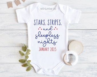 4th of July Pregnancy Announcement Onesie®, Personalized Baby Announcement Onesie®, Fourth of July, Stars Stripes and Sleepless Nights