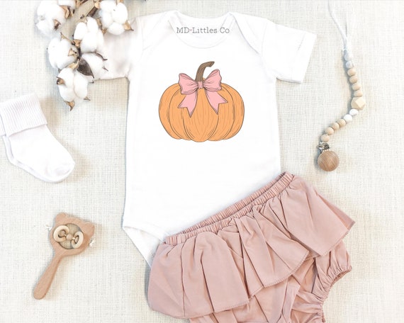 Preppy Pink Bow Pumpkin Onesie®, Coquette Halloween Onesie®, Fall Baby Girl Onesie®, Girl Gender Reveal for Halloween