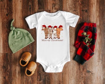 Moo-ey Christmas Cow Onesie®, Cow Toddler Shirt for Christmas, Funny Christmas Baby Clothes, Vintage Style, Gender Neutral