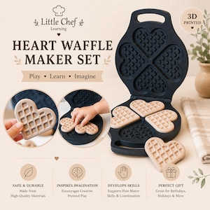May include: A black plastic heart waffle maker set with four heart-shaped waffle molds. The set includes several beige heart-shaped waffle pieces. The text on the image reads Little Chef Learning, Heart Waffle Maker Set, Play, Learn, Imagine, 3D Printed.