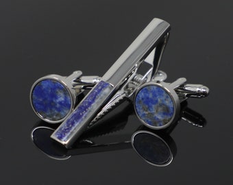 Ensemble de boutons de manchette et pince à cravate en Lapis Lazuli, boutons de manchette en pierre bleue naturelle, barre de cravate, accessoire de chemise de mariage, cadeau d'anniversaire père mari fils