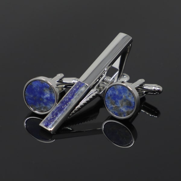 Lapis Lazuli Cufflinks And Tie Clip Set Natural Blue Stone Cufflinks Tie Bar Wedding Shirt Accessory Father Husband Son Birthday Gift