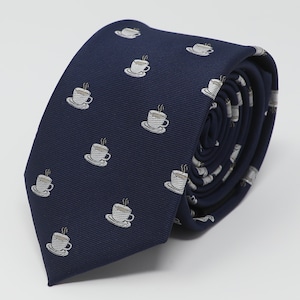 Novelty Coffee Necktie 2.75" Wide Men Fancy White Coffee Cup Navy Tie