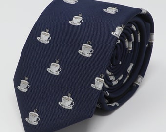 Novelty Coffee Necktie 2.75" Wide Men Fancy White Coffee Cup Navy Tie