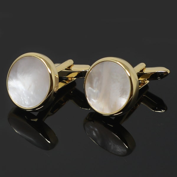 Round Gold Tone Rim Mother Of Pearl Men Wedding Formal Wear Dress Shirt Cuff Links Best Birthday Father's Day Gift Wedding Accessory