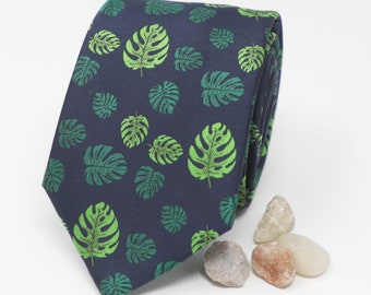 Floral Pattern Monstera Necktie 2.75" Wide Green Leaves Navy Tie