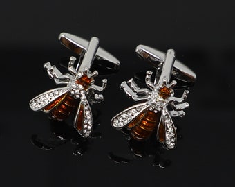 Brown Epoxy And Clear Rhinestone Hornet Cufflinks Best Birthday Father's Day Gift Wedding Gift For Him