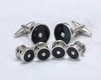 Round Black Enamel And Crystal Center Cuff Links And Shirt Studs Set Formal Suit Set Best DAD Birthday Father's Day Wedding Gift For Him