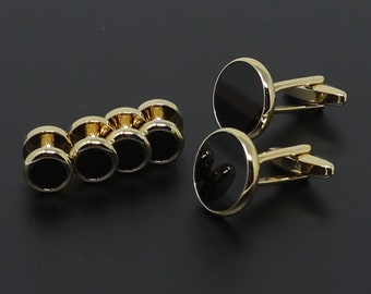 Round Onyx Formal Wear Dress Shirt Cuff Links And Studs Set DAD Husband Birthday Father's Day Gift Wedding Suit Accessory