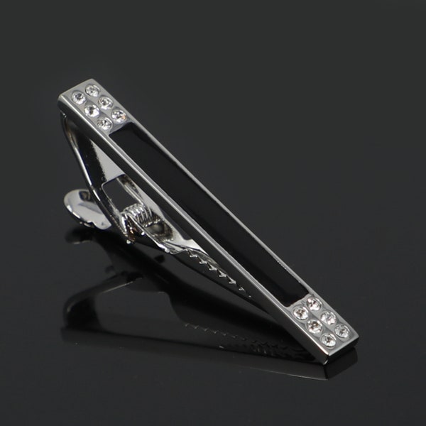 Rhinestone And Black Enamel Tie Clip Clear Stone Tie Bar Best Birthday Wedding Gift For Him