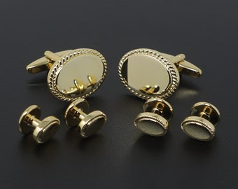 Gold Tone Braid Surround Oval Formal Wear Dress Shirt Cuff Links And Studs Set Wedding Suit Accessory
