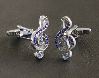 Blue Crystal Music Note Treble Clef Cuff Links Men Gift Wedding Shirt Accessory Father Husband Son Birthday Gift