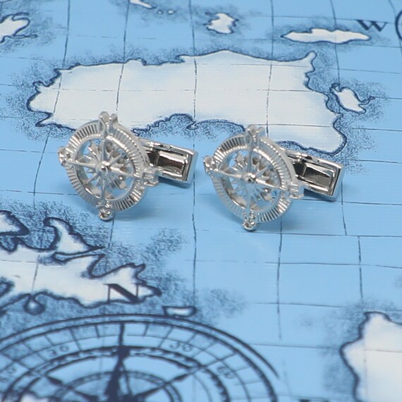 Gift Business Cufflinks Silver Tone with movable compass Wedding Gift 17mm 