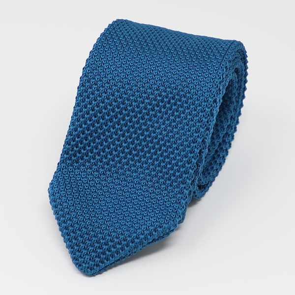 Pointed Ocean Blue Knit Necktie 2.5" Wide Solid Blue Color Men Knit Tie
