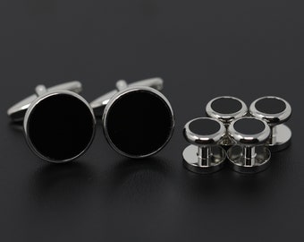 Round Onyx Formal Wear Dress Shirt Cuff Links And Studs Set DAD Husband Birthday Father's Day Gift Wedding Suit Accessory