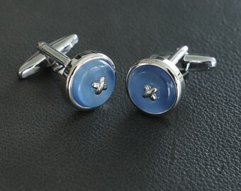 Sky Blue Round Cats Eye Stone Button Design Men Cuff Links Best Birthday Father's Day Gift Wedding Gift For Him