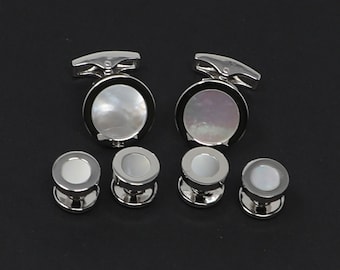 Sterling Silver And Mother Pearl Formal Wear Dress Shirt Cuff Links And Studs Set Birthday Father's Day Gift Wedding Suit Accessory