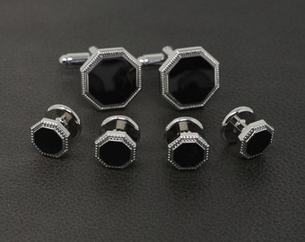 Black Octagon Formal Wear Dress Shirt Cuff Links And Studs Set DAD Husband Birthday Father's Day Gift Wedding Suit Accessory