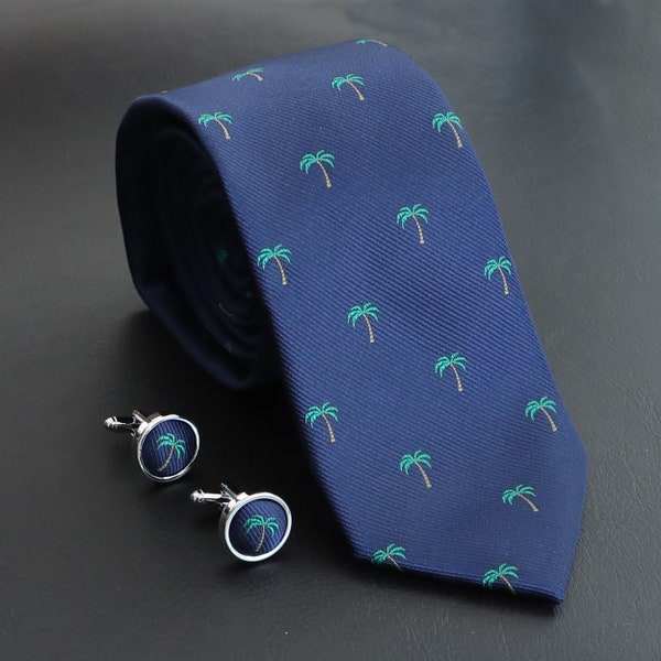 Palm Tree Pattern Necktie And Cufflinks Set Gift Men Novelty Beach Coconut Tree Tie Groomsman Wedding Tie And Cufflinks Set