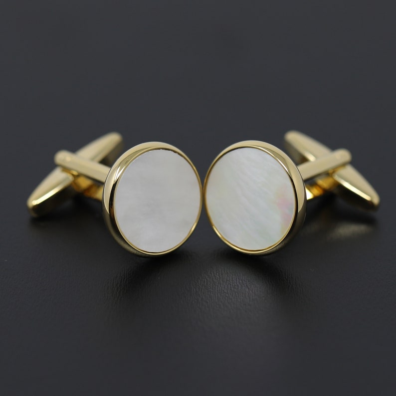 Round Gold Tone Rim Mother Of Pearl Men Wedding Formal Wear Dress Shirt Cuff Links Best Birthday Father's Day Gift Wedding Accessory image 7