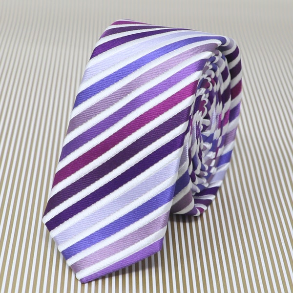 Youth Kids Silk Necktie 2" Skinny Men Silk Purple Stripe Tie Groomsman Wedding Accessory Tie Gift