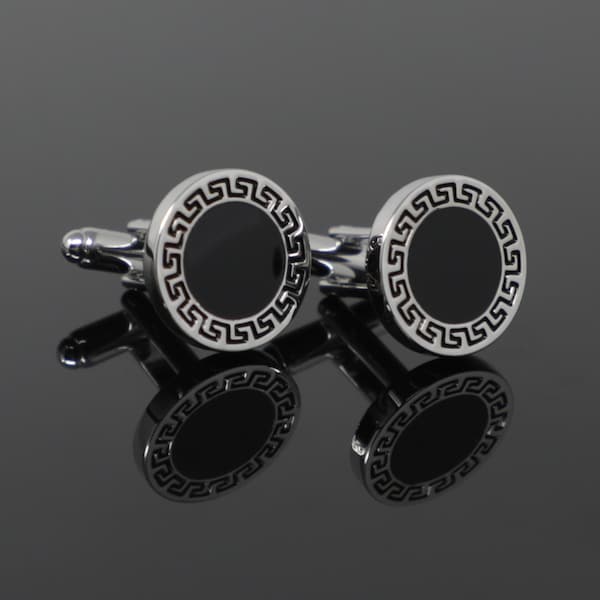 Round Greek Key Rim Men Classic Cufflinks Best Birthday Father's Day Gift Wedding Gift For Him