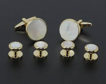 Round Mother Of Pearl Formal Wear Dress Shirt Cuff Links And Studs Set DAD Husband Birthday Father's Day Gift Wedding Suit Accessory