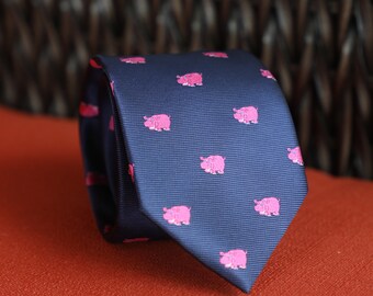 Novedad Corbata con patrón de hipopótamo rosa de 2,25 "de ancho para hombre, corbata azul marino con animales elegantes