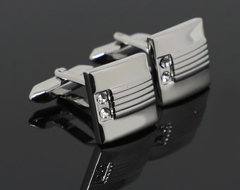 Silver Tone Square Clear Crystals Cufflinks Best Birthday Father's Day Gift Wedding Gift For Him