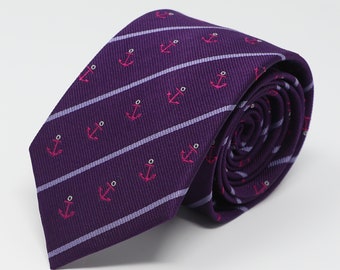 Silk Jacquard Anchor Necktie Red Anchor Lilac Stripes Purple Pure Silk Woven Tie