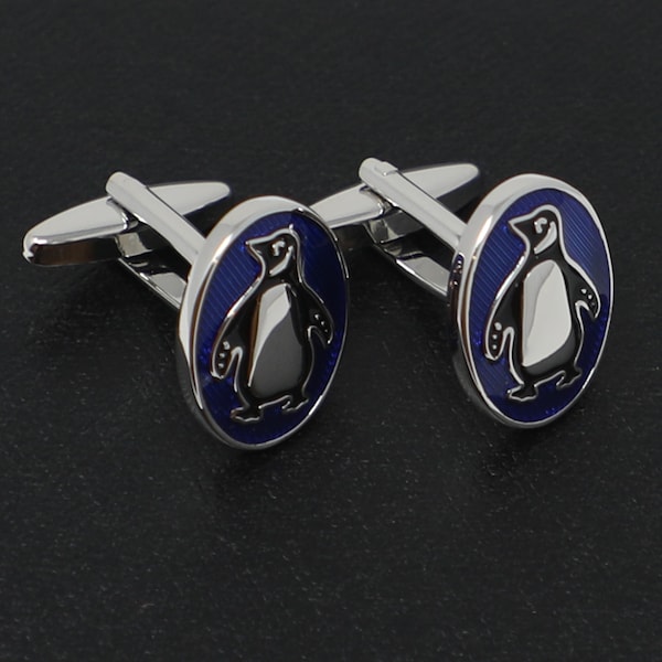 Penguin Cufflinks Blue Background Oval Penguin Cufflinks Best Birthday Gift for Him Wedding Gift