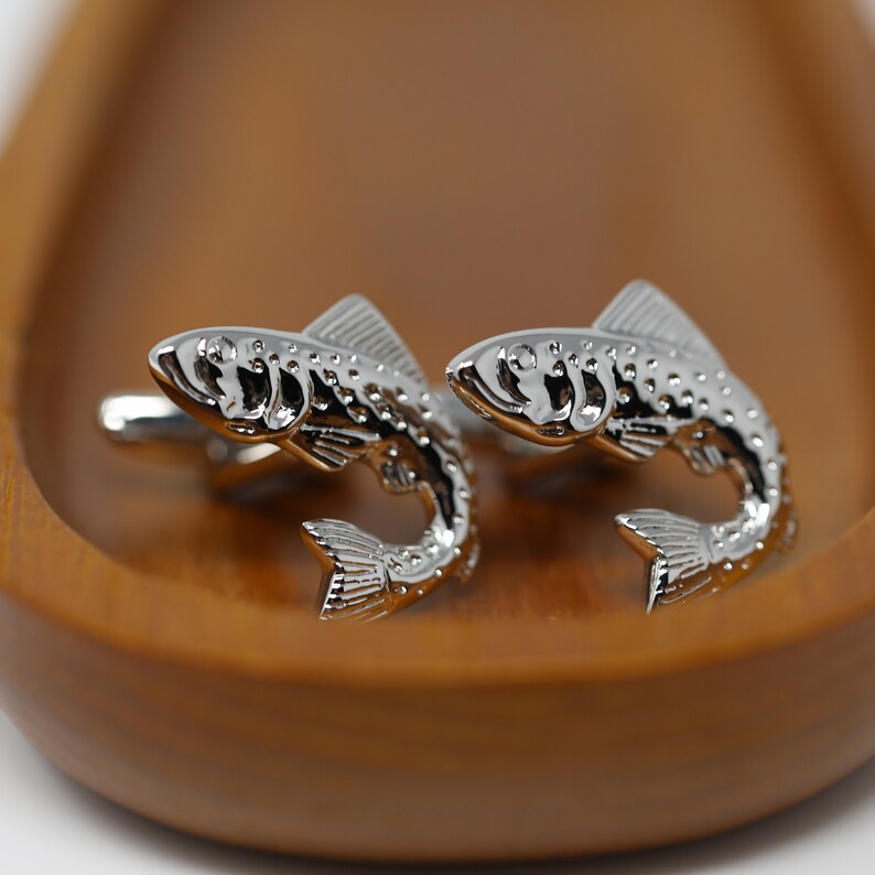 Fish Cufflinks Silver Tone Salmon Fish Cufflinks Best Birthday Father's Day Gift Wedding Gift For Him image 5